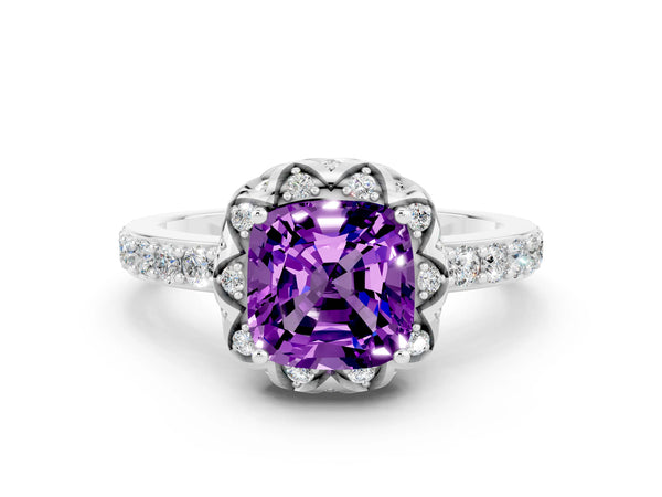 Silver Cushion Cut Amethyst Scalloped Halo Engagement Ring with Round Shared Prong Band