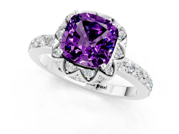 Platinum Cushion Cut Amethyst Scalloped Halo Engagement Ring with Round Shared Prong Band