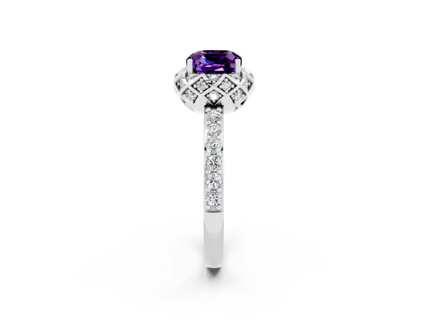 Silver Cushion Cut Amethyst Scalloped Halo Engagement Ring with Round Shared Prong Band