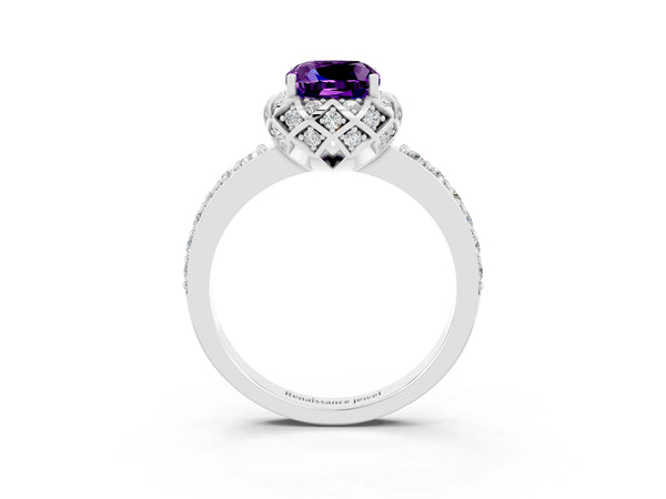 Platinum Cushion Cut Amethyst Scalloped Halo Engagement Ring with Round Shared Prong Band