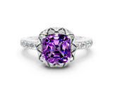 White gold Cushion Cut Amethyst Scalloped Halo Engagement Ring with Round Shared Prong Band_36