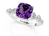 White gold Cushion Cut Amethyst Scattered Round Accent Ring with Prong Setting_37