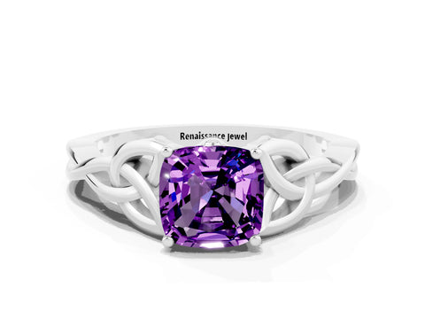 White gold Cushion Cut Amethyst Solitaire Celtic Knot Ring with Four-Prong Setting_12