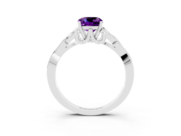 Silver Cushion Cut Amethyst Solitaire Celtic Knot Ring with Four-Prong Setting