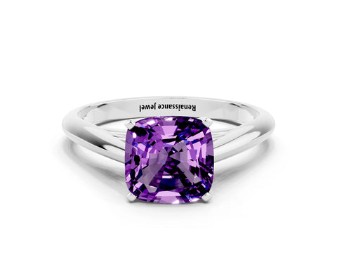White gold Cushion Cut Amethyst Solitaire Engagement Ring with Cathedral Setting and Four-Prong Mount_12