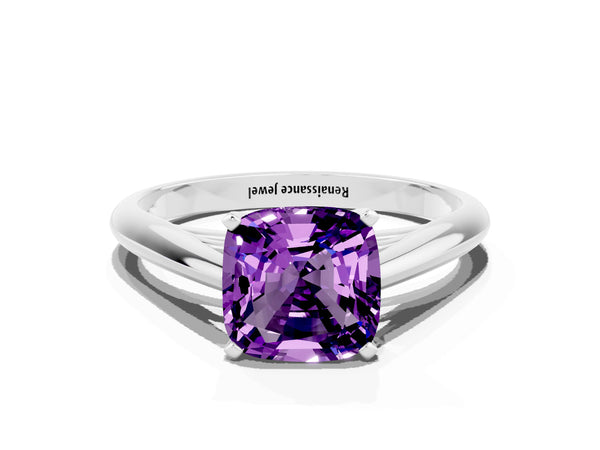White gold Cushion Cut Amethyst Solitaire Engagement Ring with Cathedral Setting and Four-Prong Mount