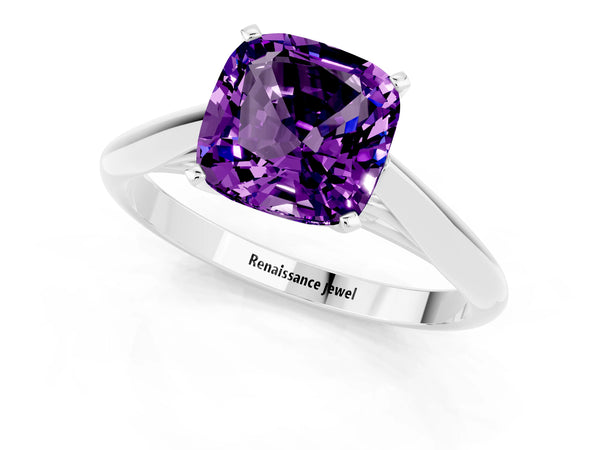 White gold Cushion Cut Amethyst Solitaire Engagement Ring with Cathedral Setting and Four-Prong Mount