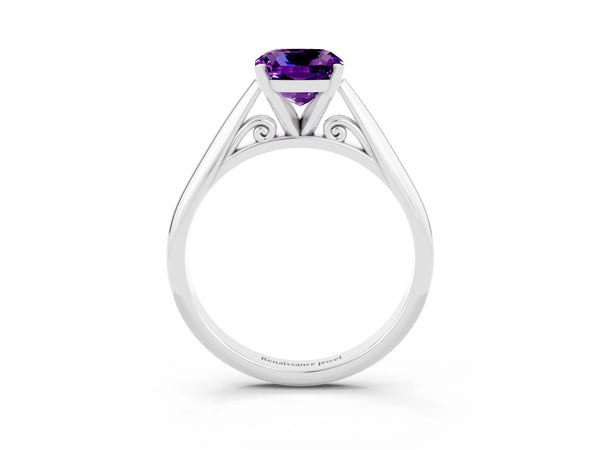 White gold Cushion Cut Amethyst Solitaire Engagement Ring with Cathedral Setting and Four-Prong Mount
