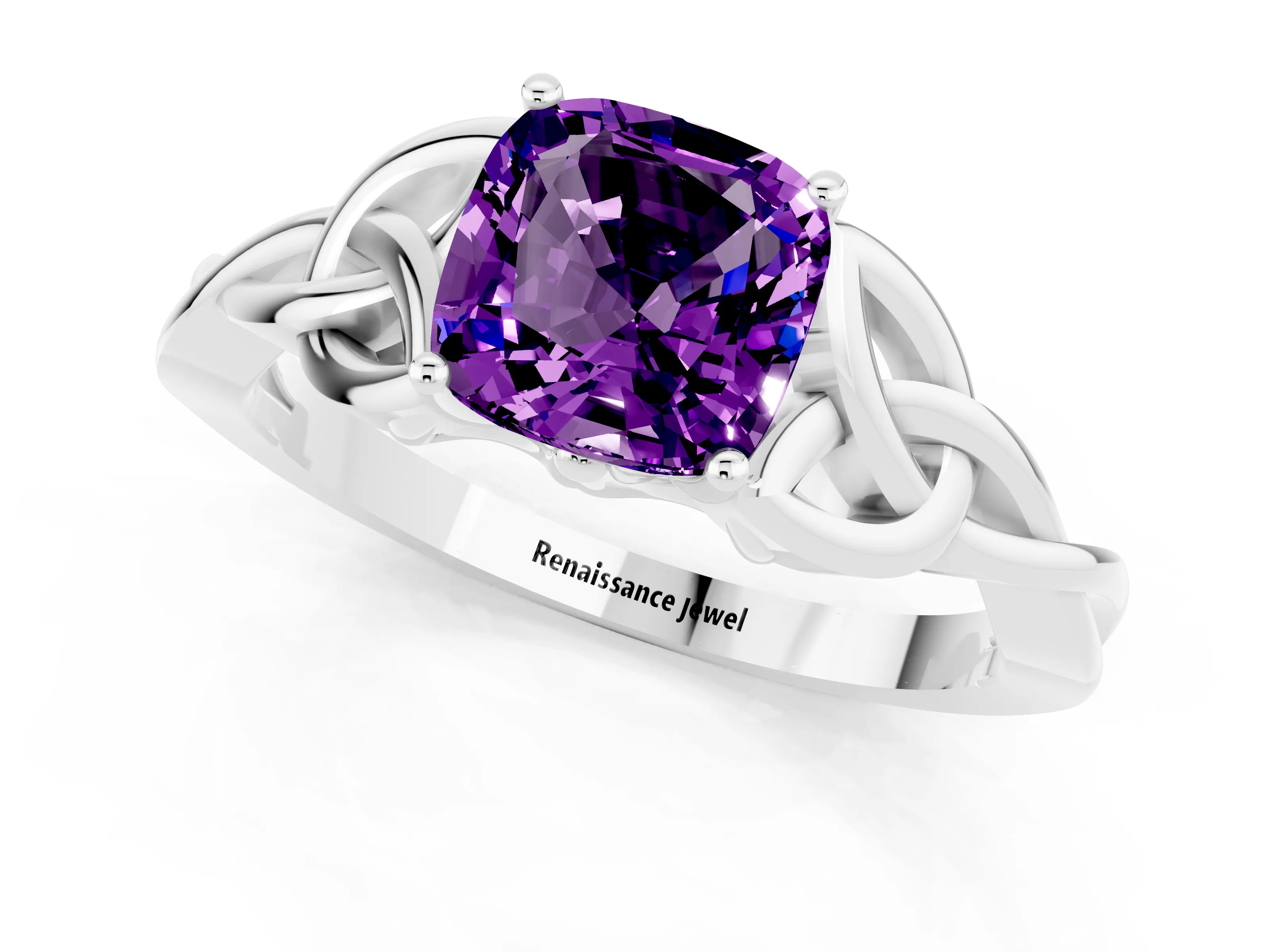 White gold Cushion Cut Amethyst Solitaire Engagement Ring with Celtic Knot Band and Four-Prong Setting_1