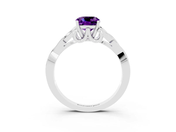 White gold Cushion Cut Amethyst Solitaire Engagement Ring with Celtic Knot Band and Four-Prong Setting