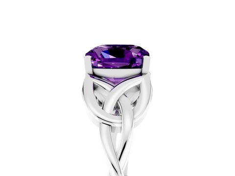 White gold Cushion Cut Amethyst Solitaire Engagement Ring with Celtic Knot Band and Four-Prong Setting_5