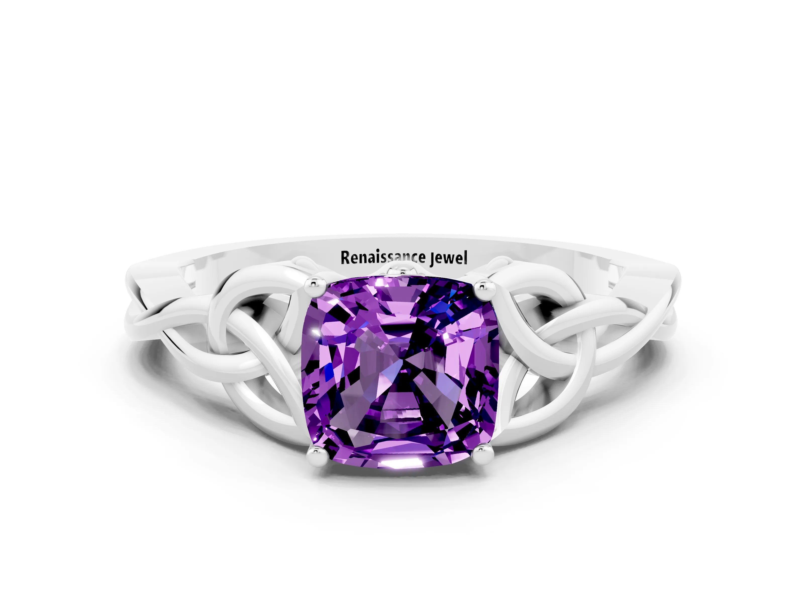 White gold Cushion Cut Amethyst Solitaire Engagement Ring with Celtic Knot Band and Four-Prong Setting