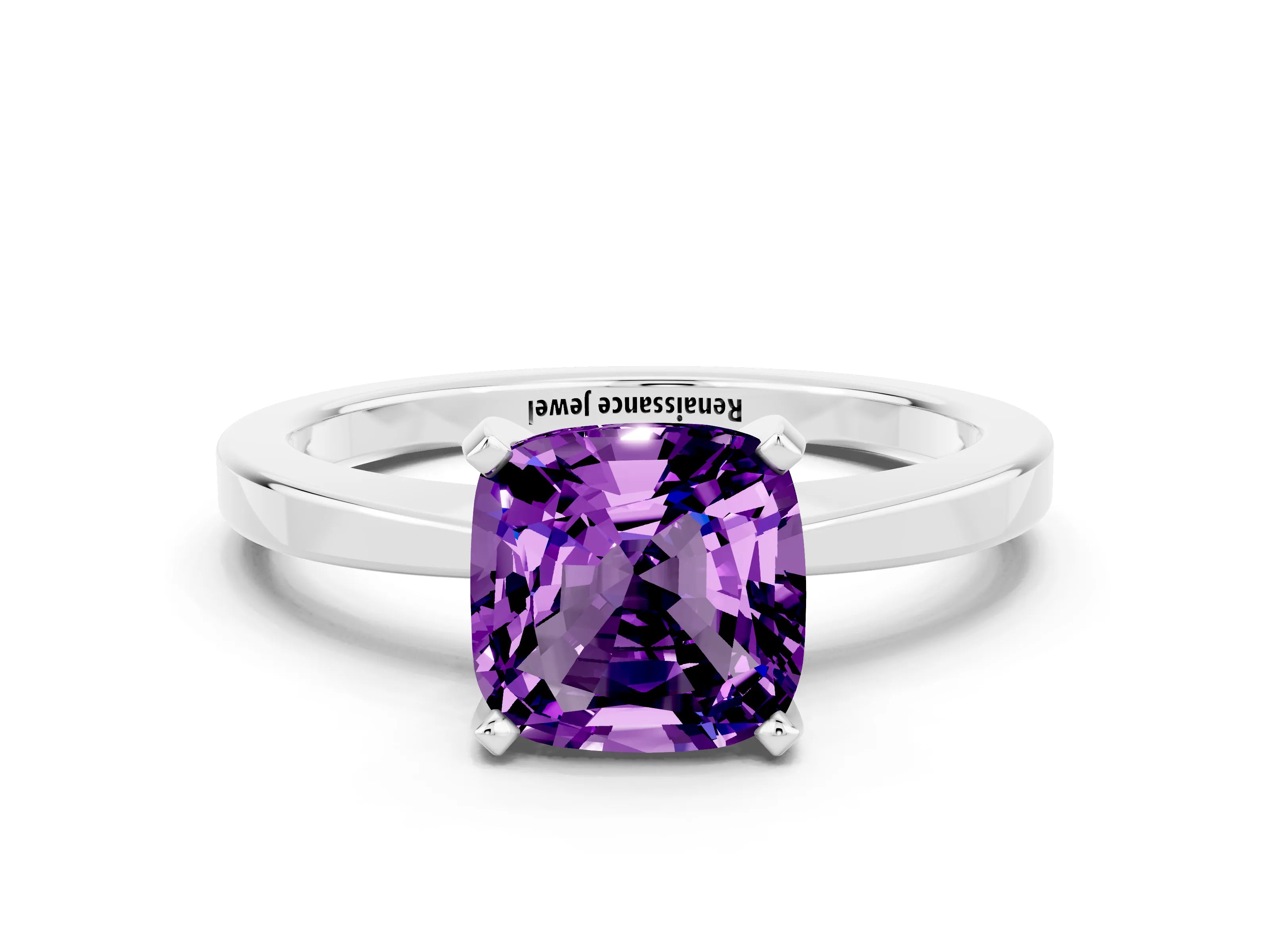 White gold Cushion Cut Amethyst Solitaire Engagement Ring with Classic Band and Four-Prong Setting_24