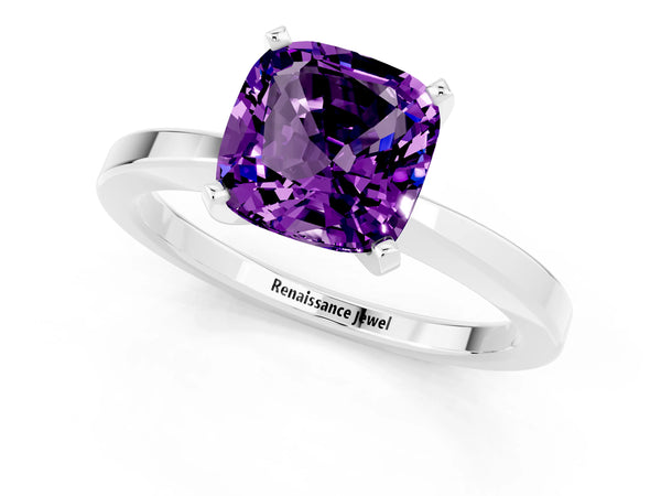 Platinum Cushion Cut Amethyst Solitaire Engagement Ring with Classic Band and Four-Prong Setting