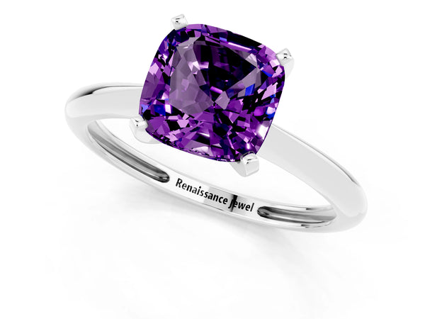 White Gold Cushion Cut Amethyst Solitaire Engagement Ring with Thin Plain Band and Basket Head