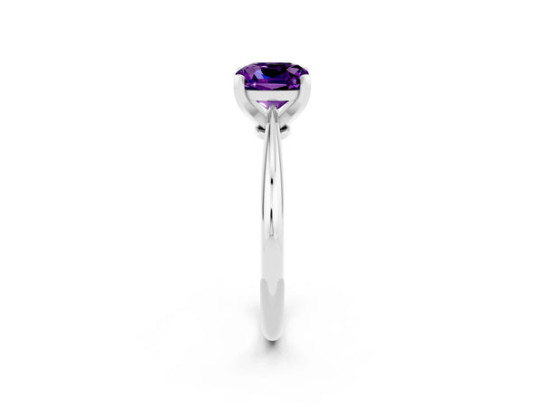 White Gold Cushion Cut Amethyst Solitaire Engagement Ring with Thin Plain Band and Basket Head