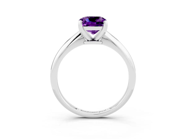 White Gold Cushion Cut Amethyst Solitaire Engagement Ring with Thin Plain Band and Basket Head