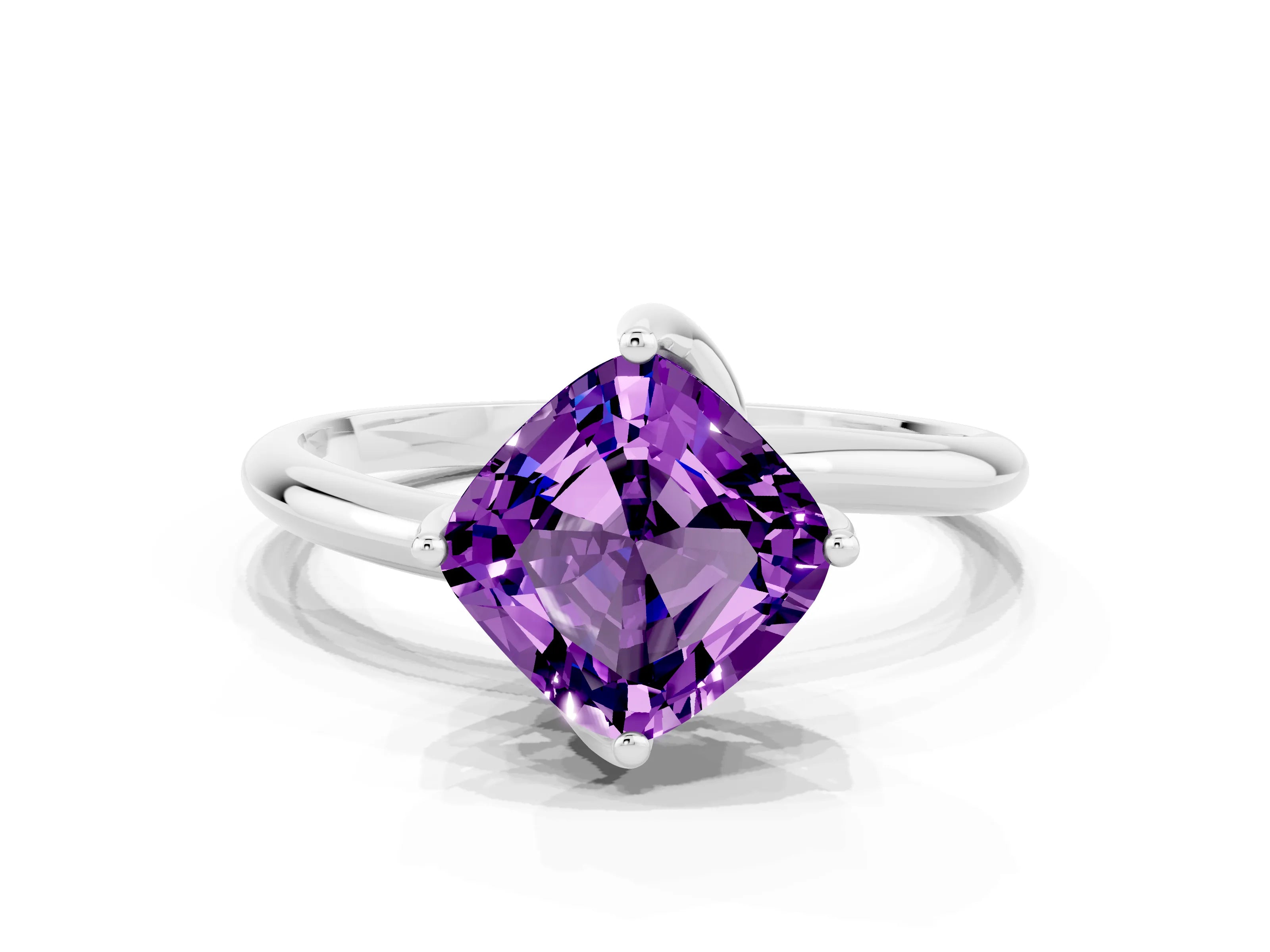 White gold Cushion Cut Amethyst Solitaire Engagement Ring with Four-Prong Setting and Classic Band_12
