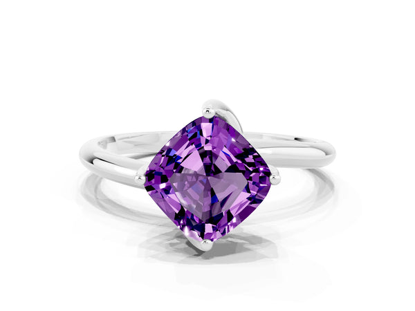 Platinum Cushion Cut Amethyst Solitaire Engagement Ring with Four-Prong Setting and Classic Band
