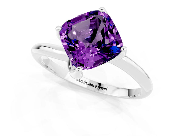 Platinum Cushion Cut Amethyst Solitaire Engagement Ring with Four-Prong Setting and Classic Band