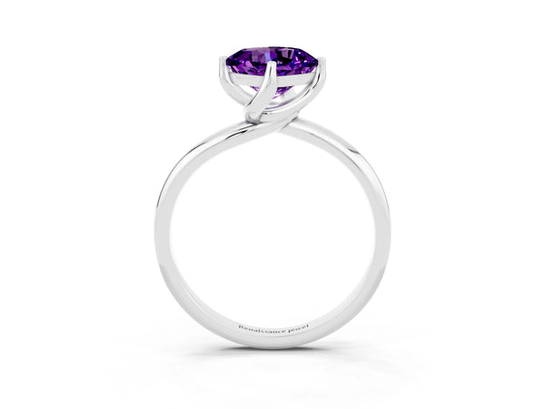 Platinum Cushion Cut Amethyst Solitaire Engagement Ring with Four-Prong Setting and Classic Band