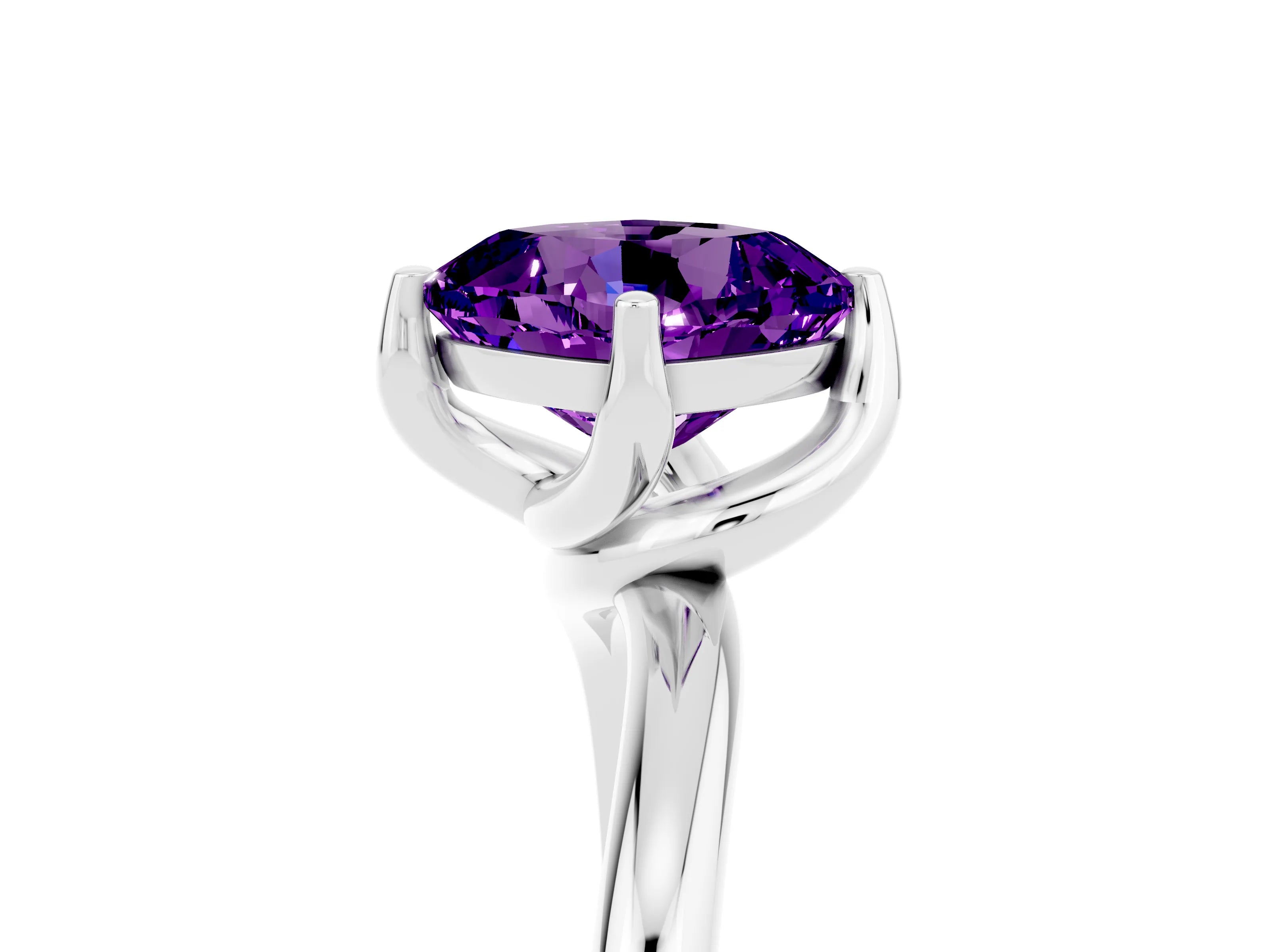 White gold Cushion Cut Amethyst Solitaire Engagement Ring with Four-Prong Setting and Classic Band_17