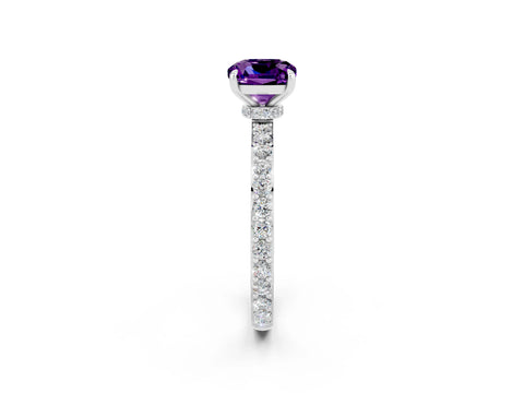 White gold Cushion Cut Amethyst Solitaire Engagement Ring with Pavé Band and Four-Prong Setting_2