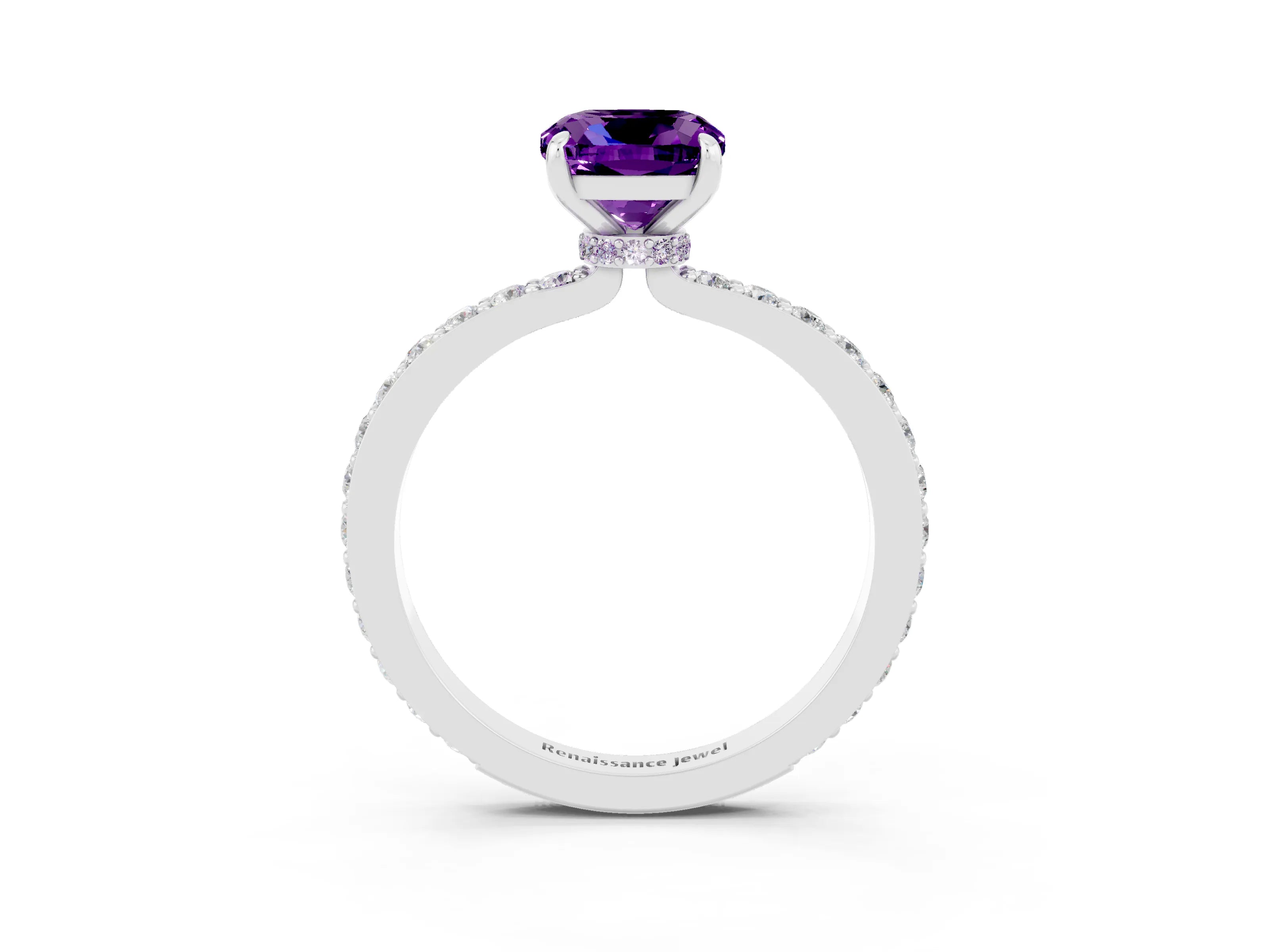 White gold Cushion Cut Amethyst Solitaire Engagement Ring with Pavé Band and Four-Prong Setting_3