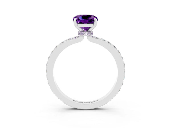 White gold Cushion Cut Amethyst Solitaire Engagement Ring with Pavé Band and Four-Prong Setting