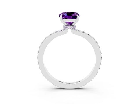 White gold Cushion Cut Amethyst Solitaire Engagement Ring with Pavé Band and Four-Prong Setting_3