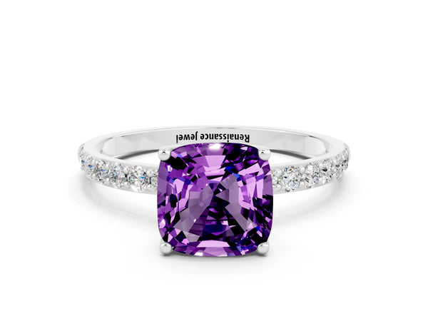 Platinum Cushion Cut Amethyst Solitaire Engagement Ring with Round  Pavé Band and Prong Setting