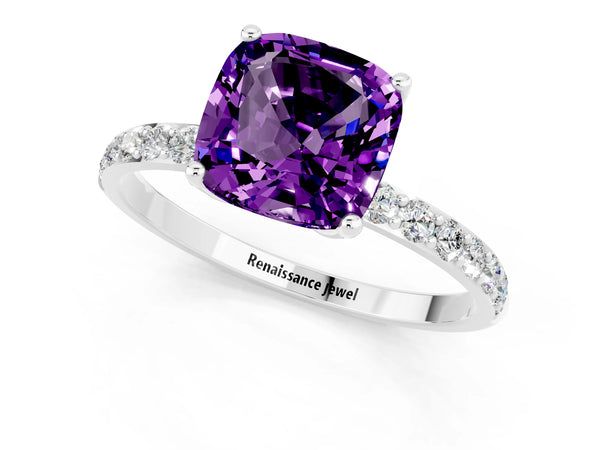 Platinum Cushion Cut Amethyst Solitaire Engagement Ring with Round  Pavé Band and Prong Setting