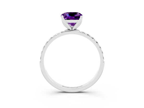 Platinum Cushion Cut Amethyst Solitaire Engagement Ring with Round  Pavé Band and Prong Setting