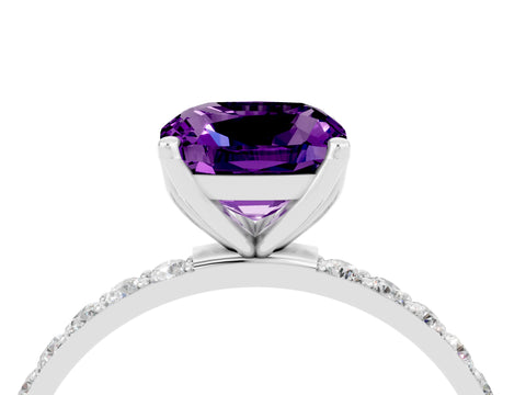 White gold Cushion Cut Amethyst Solitaire Engagement Ring with Pavé Band and Prong Setting_4