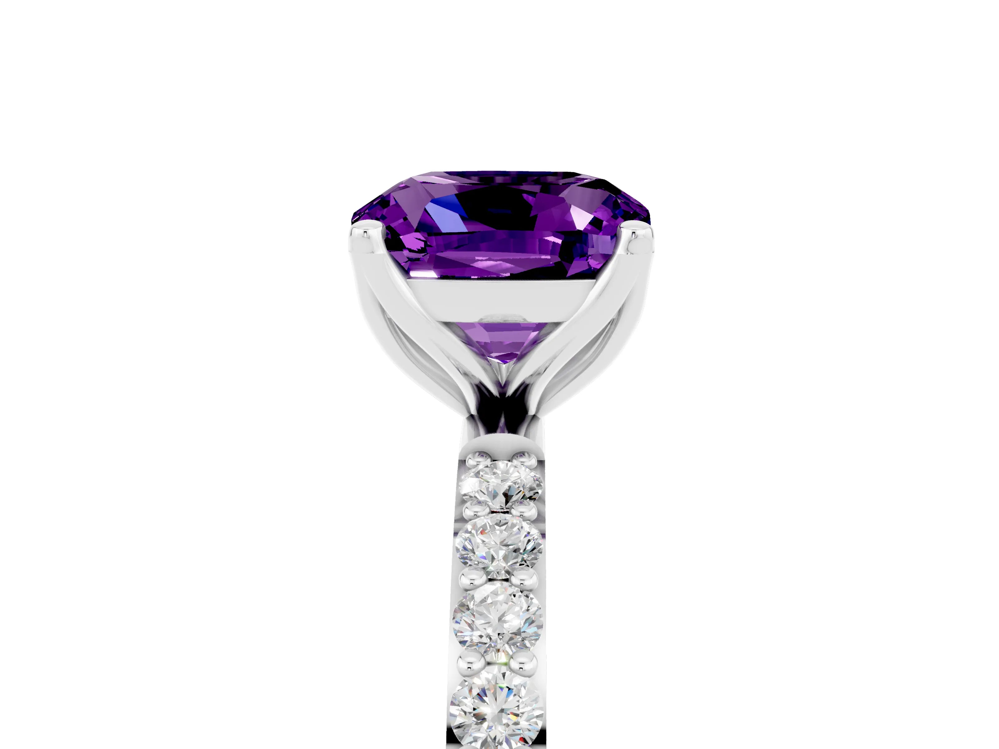 White gold Cushion Cut Amethyst Solitaire Engagement Ring with Pavé Band and Prong Setting_5
