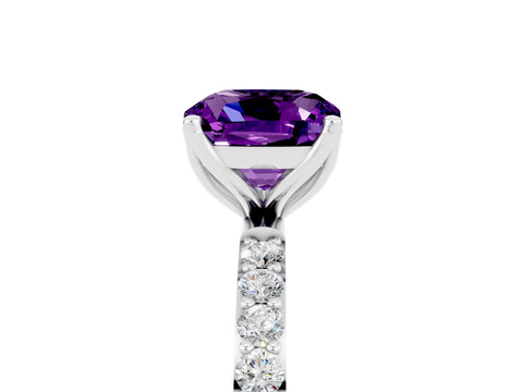White gold Cushion Cut Amethyst Solitaire Engagement Ring with Pavé Band and Prong Setting_5