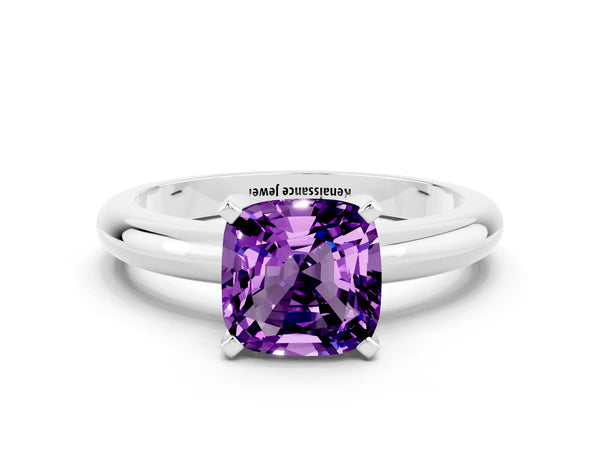 Platinum Cushion Cut Amethyst Solitaire Engagement Ring with Round Band and Four-Prong Setting