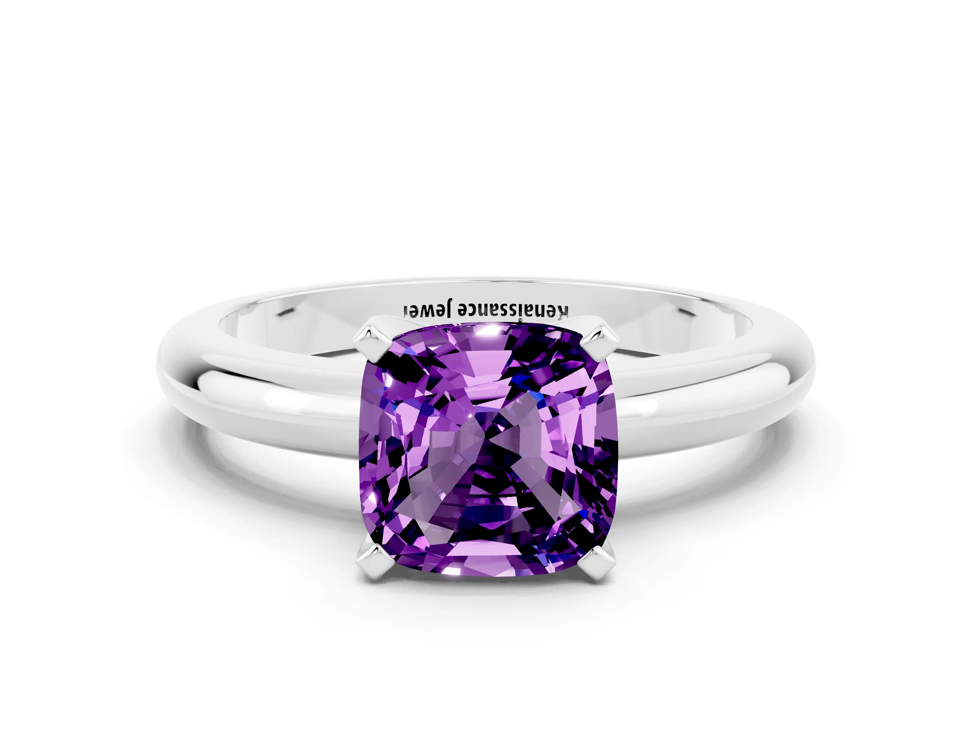White gold Cushion Cut Amethyst Solitaire Engagement Ring with Round Band and Four-Prong Setting