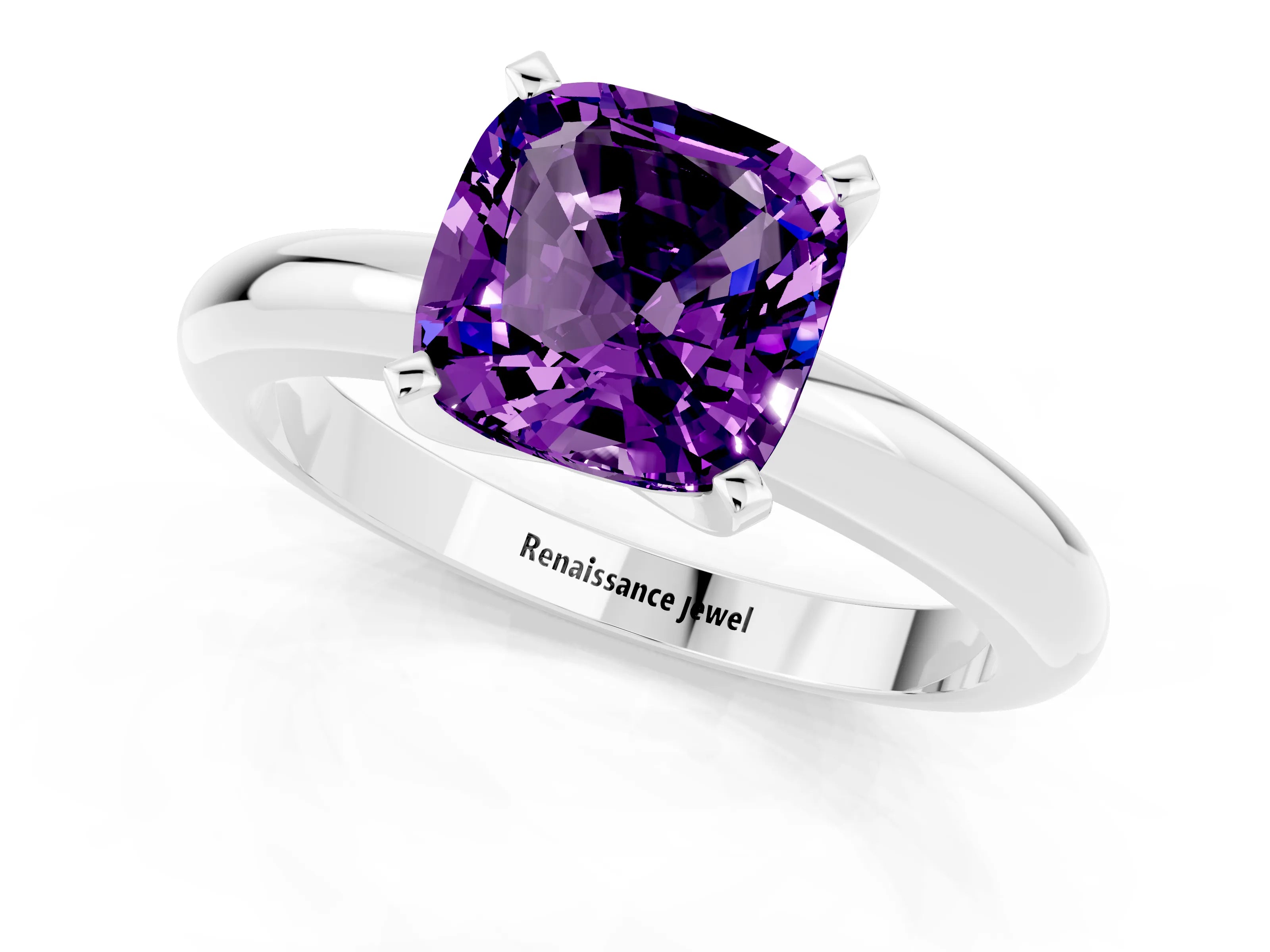 White gold Cushion Cut Amethyst Solitaire Engagement Ring with Round Band and Four-Prong Setting_1