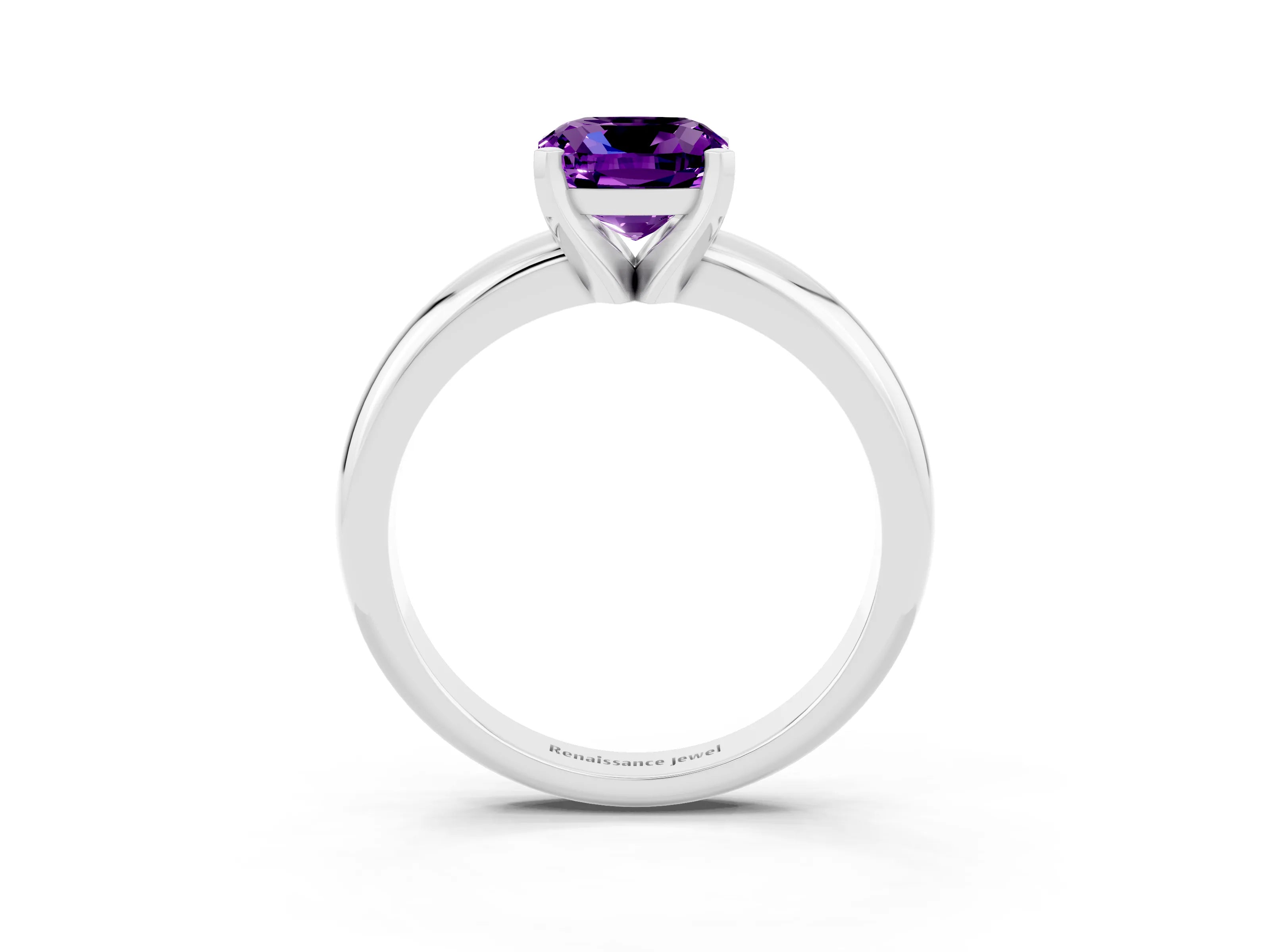 White gold Cushion Cut Amethyst Solitaire Engagement Ring with Round Band and Four-Prong Setting_3