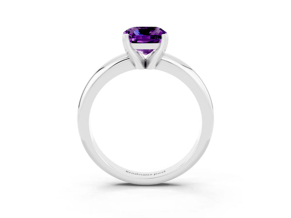 White gold Cushion Cut Amethyst Solitaire Engagement Ring with Round Band and Four-Prong Setting