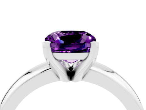 White gold Cushion Cut Amethyst Solitaire Engagement Ring with Round Band and Four-Prong Setting_4