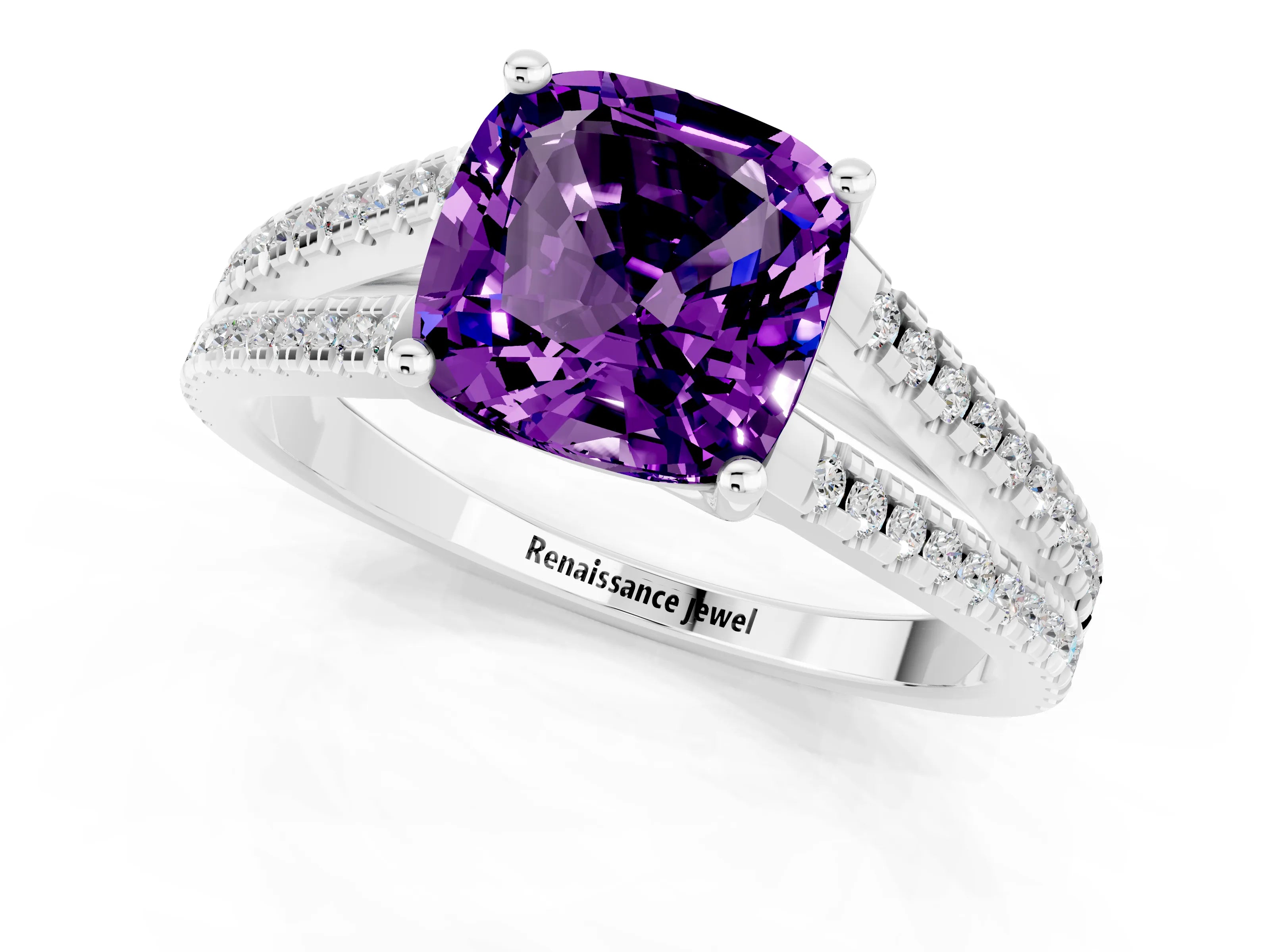 White gold Cushion Cut Amethyst Solitaire Engagement Ring with Split Shank Pavé Band_1