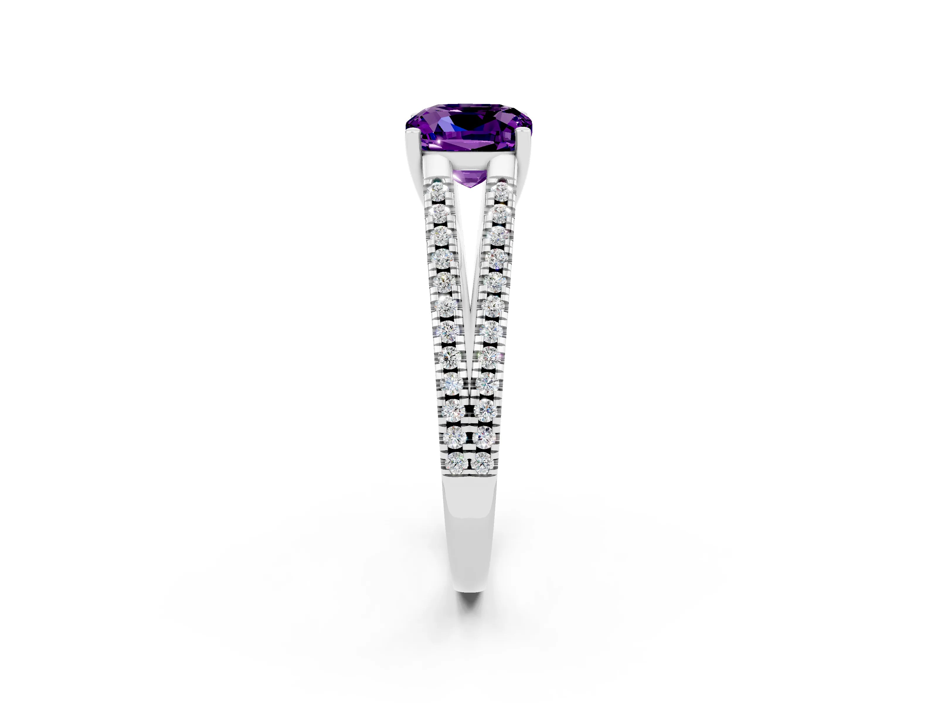 White gold Cushion Cut Amethyst Solitaire Engagement Ring with Split Shank Pavé Band_2