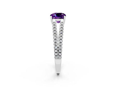 White gold Cushion Cut Amethyst Solitaire Engagement Ring with Split Shank Pavé Band_2