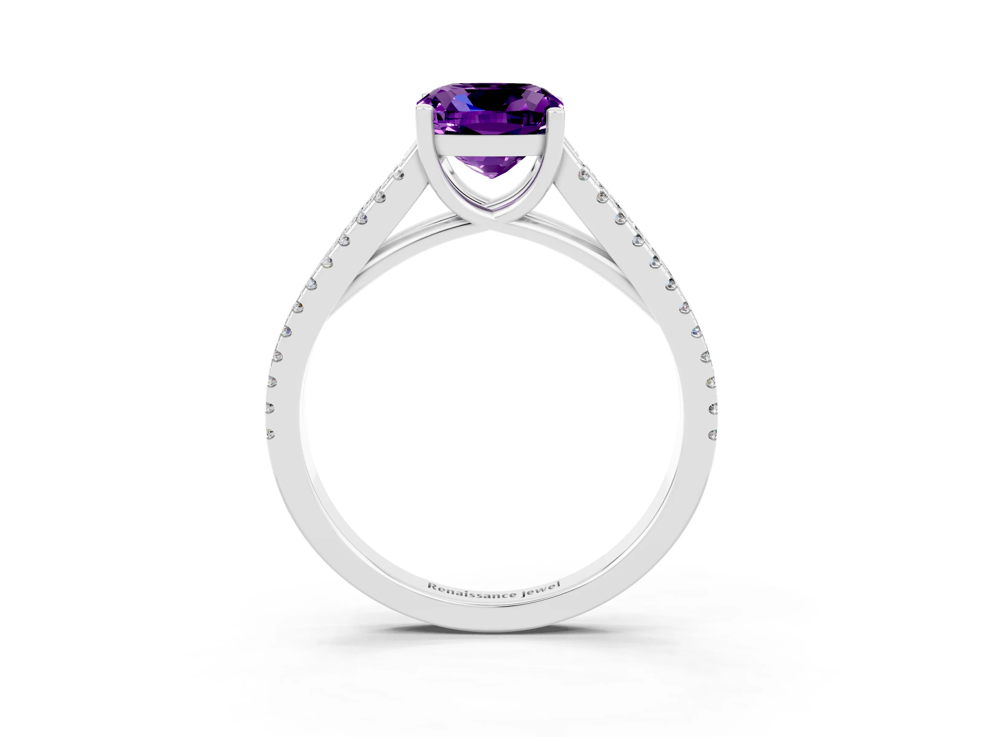 White gold Cushion Cut Amethyst Solitaire Engagement Ring with Split Shank Pavé Band_3