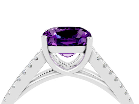 White gold Cushion Cut Amethyst Solitaire Engagement Ring with Split Shank Pavé Band_4