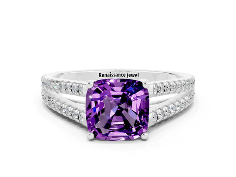 White gold Cushion Cut Amethyst Solitaire Engagement Ring with Split Shank Pavé Band