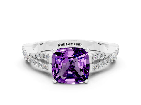 White gold Cushion Cut Amethyst Solitaire Engagement Ring with Twisted Pavé Band and Four-Prong Setting_12