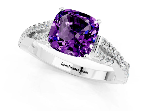 Silver Cushion Cut Amethyst Solitaire Engagement Ring with Twisted Pavé Band and Four-Prong Setting